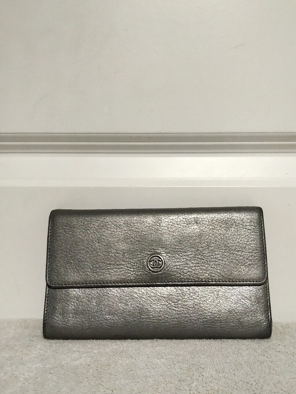 Authentic Chanel Metallic Silver Tri-fold Wallet - Silver CC Logo